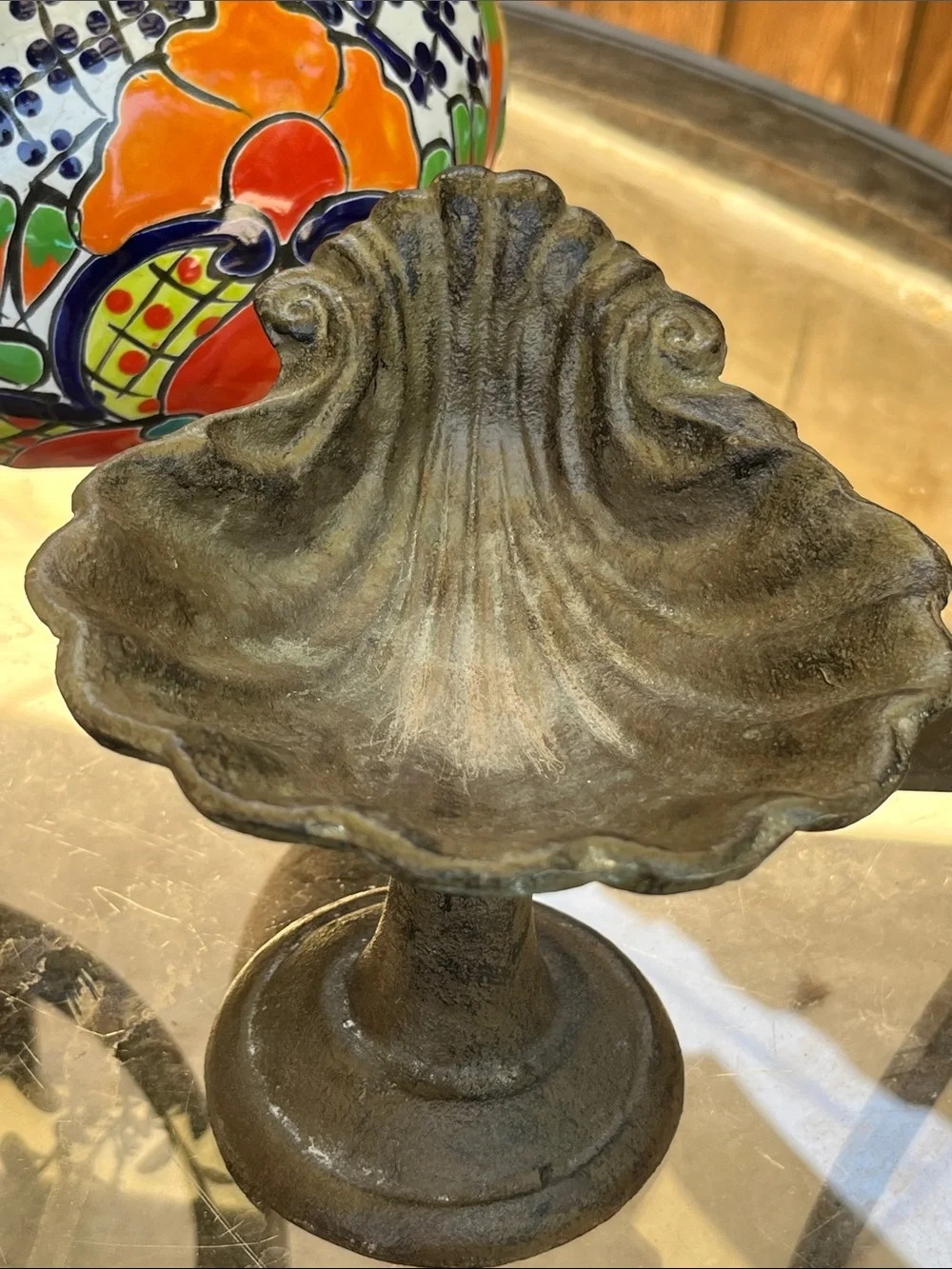 Vintage Heavy Cast Iron Shell Pedestal Dish- Trinket/Soap Dish- Antique Patina